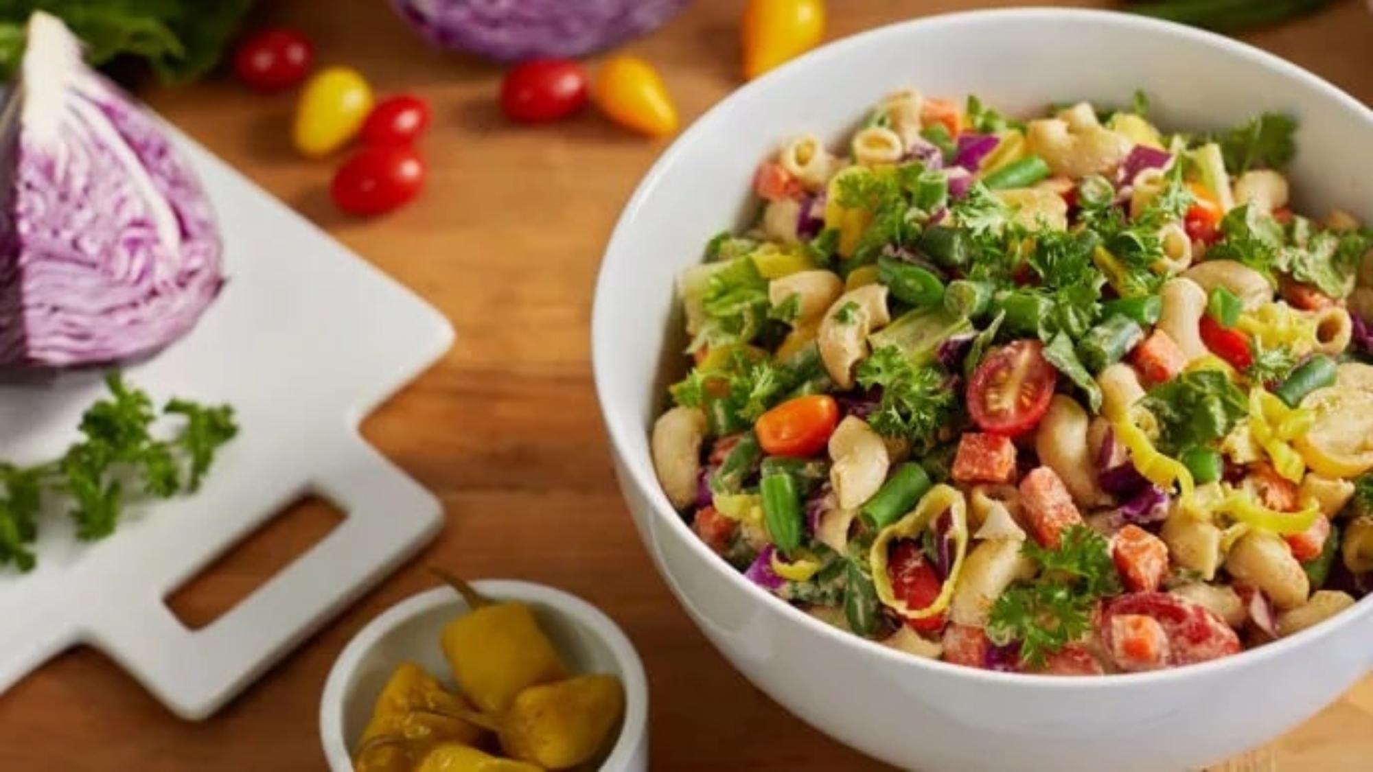 Chopped Veggie Salad With Pasta And Creamy Cauliflower Dressing By Create that Body-min
