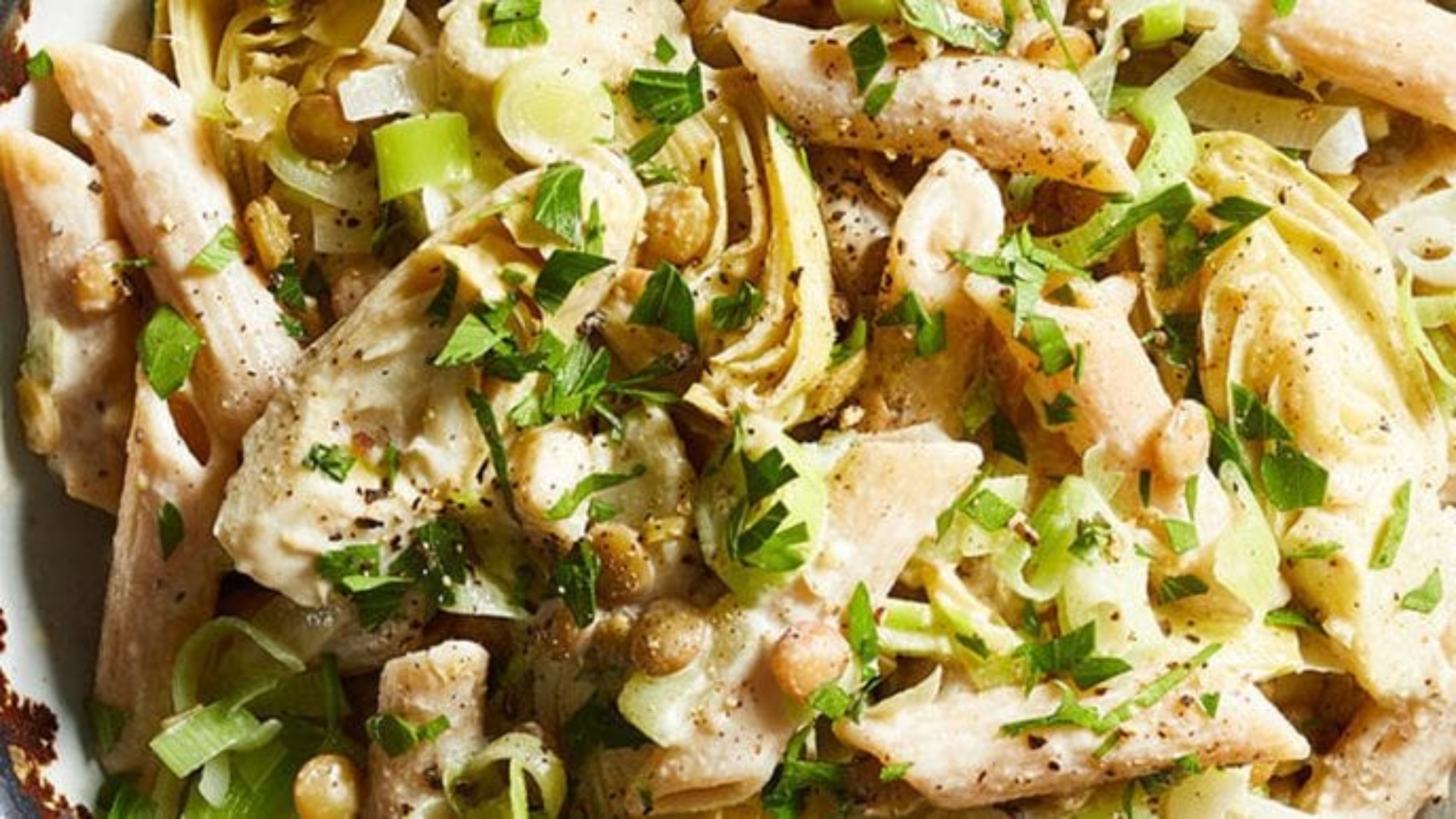 Vegan Penne With Artichokes, Leeks, And Lentils