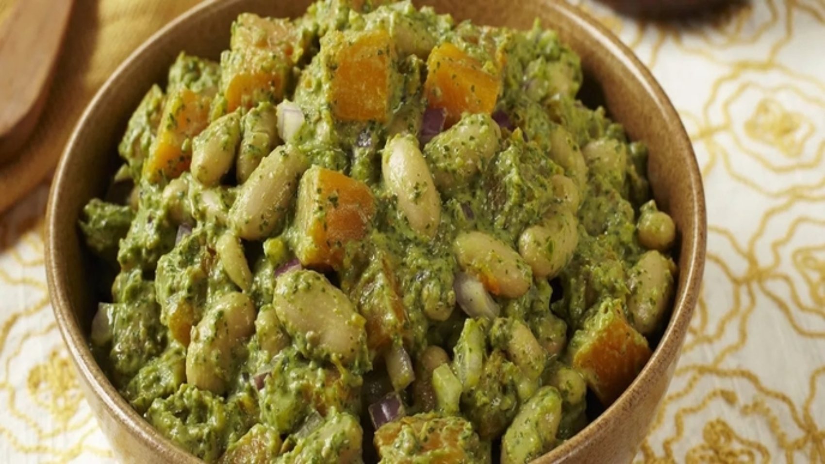 To make Winter White Bean Salad take 1 pumpkin (about 2 pounds), or other similar winter squash, peeled and cut into ½-inch cubes.